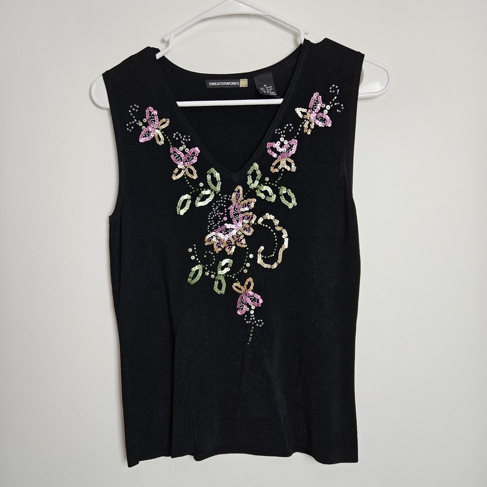 Sweaterworks Women's Size M Embellished Top Beaded Sequin Floral Sleeveless‎